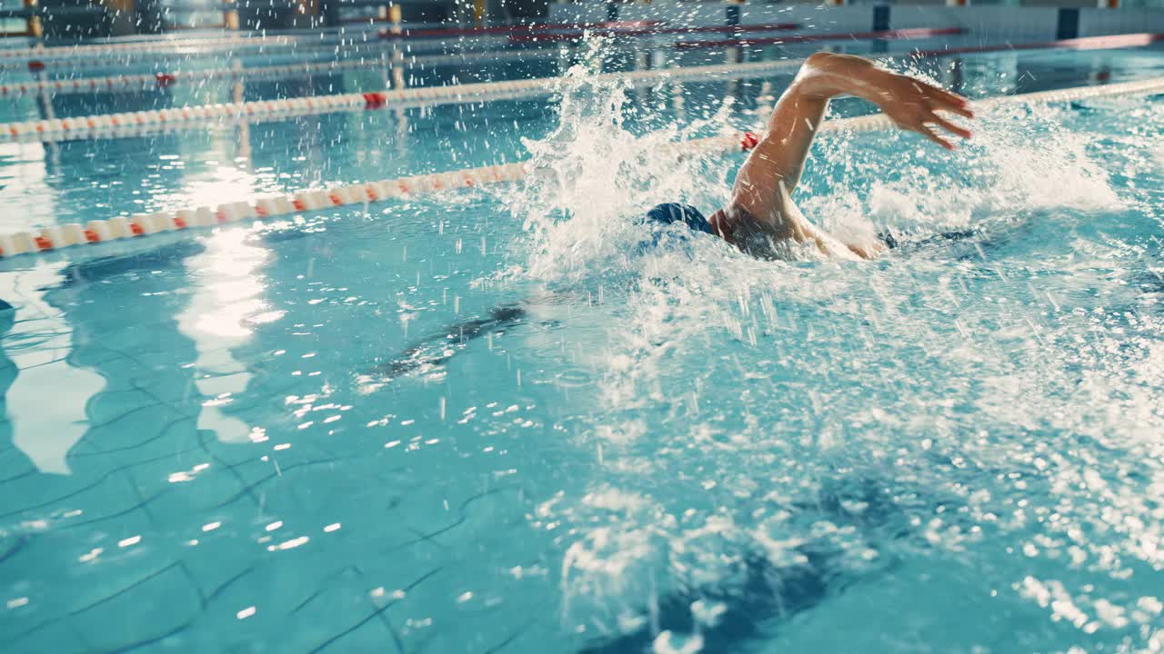 男子游泳运动员在奥林匹克游泳池中游泳。职业运动员在锦标赛上表演，使用自由泳，自由泳。赢的决心。高角度电影前跟踪视频素材