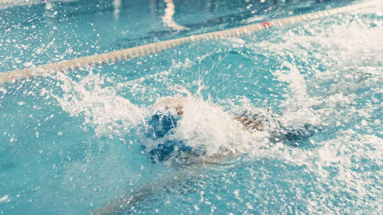 男子游泳运动员在奥林匹克游泳池中游泳。职业运动员在锦标赛上表演，使用自由泳，自由泳。下定决心，尽最大努力去赢。高角度电影回溯跟踪视频素材