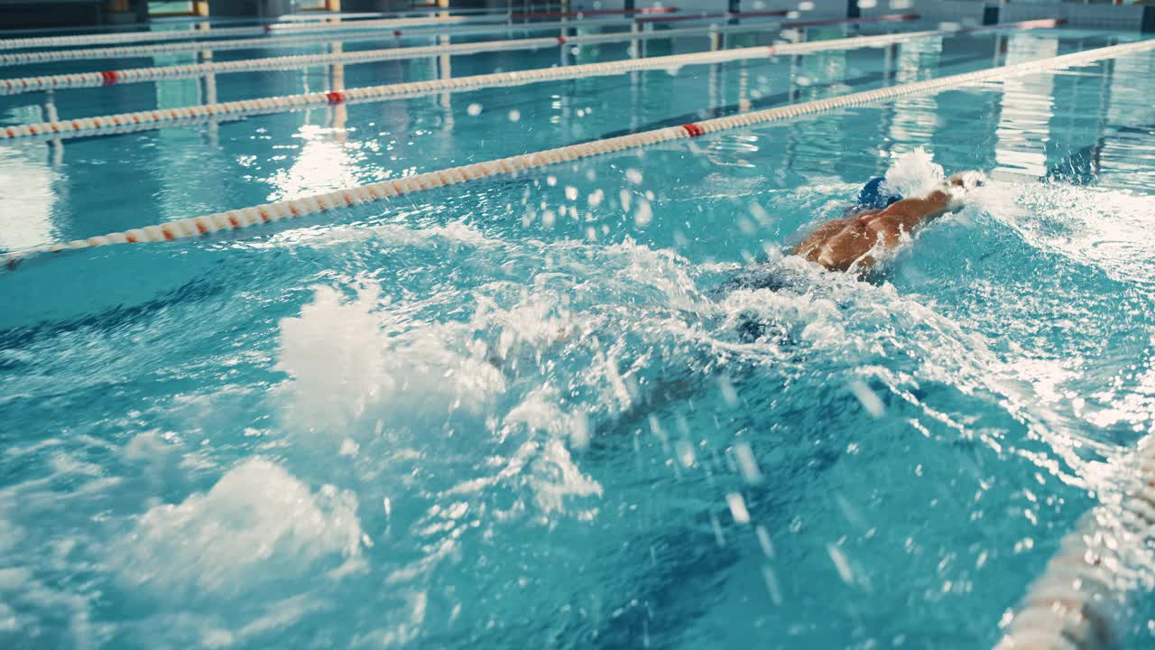 男子游泳运动员在奥林匹克游泳池中游泳。在锦标赛上表演的专业运动员，使用自由泳，自由泳技术。赢的决心。高角度电影跟踪慢动作视频素材