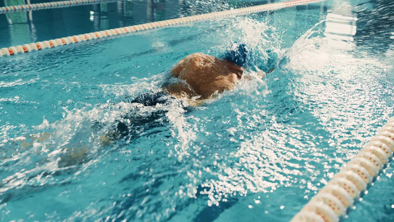男子游泳运动员在奥林匹克游泳池中游泳。职业运动员在锦标赛上表演，使用自由泳，自由泳。赢的决心。高角度电影后跟踪慢动作视频素材