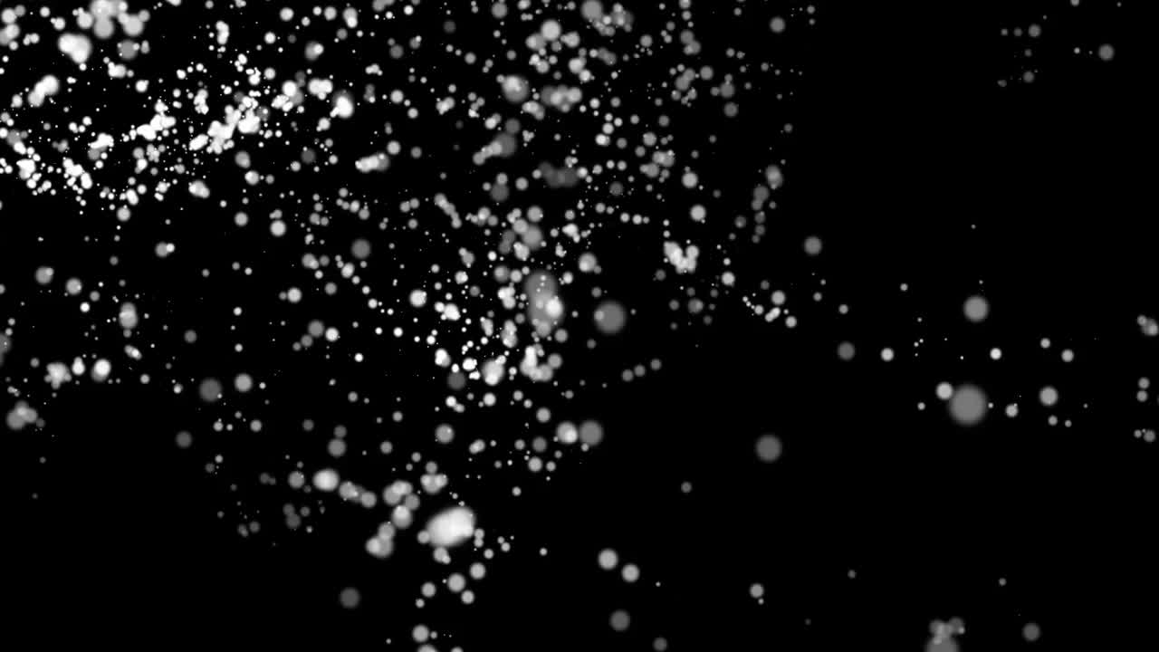 摘要粒子飞行。散景效果。黑色和白色的粒子在飞翔。水平构图，4k视频质量视频下载