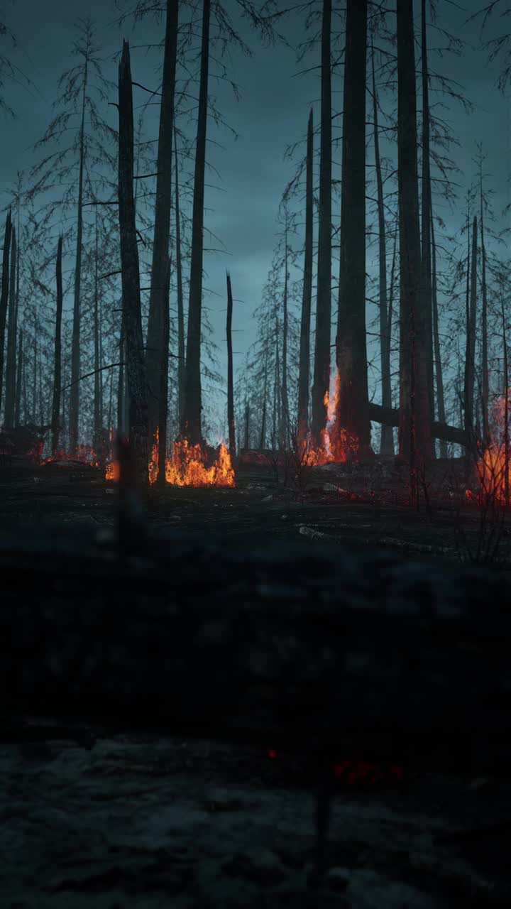 树木在火焰上。晚上燃烧的森林。自然灾害垂直视频。视频素材