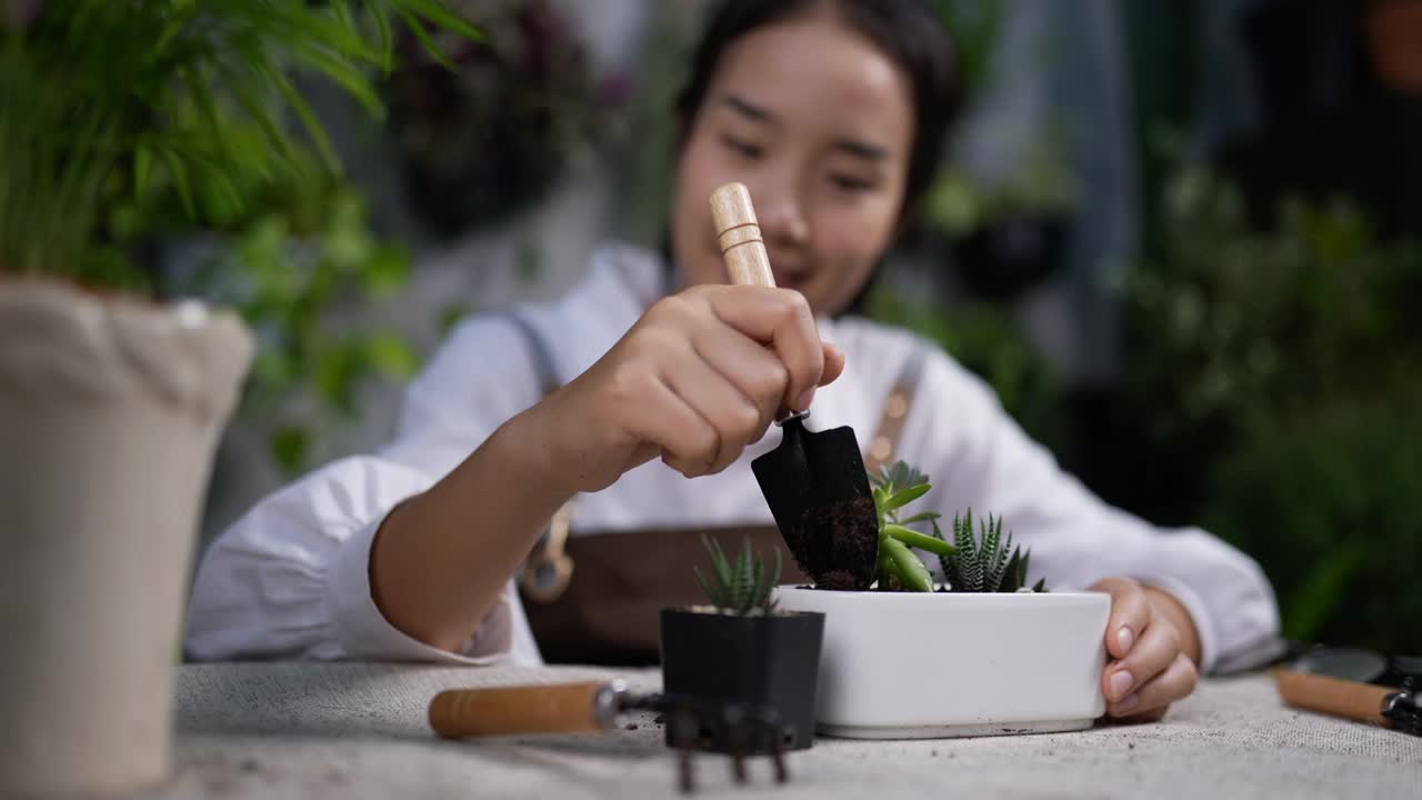 铲植物的女人视频素材