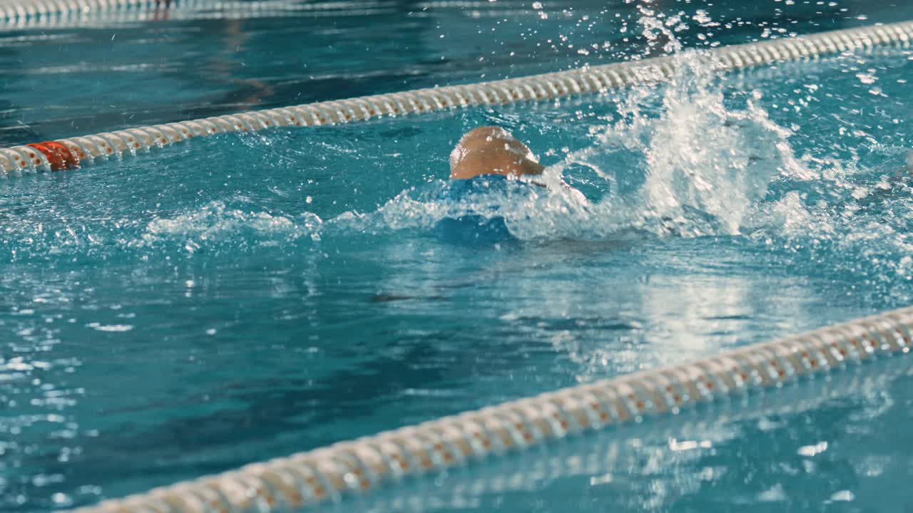 成功的男子游泳运动员在游泳池比赛。职业运动员决心用自由泳夺取冠军。彩色电影的拍摄。前视图人像慢动作视频素材