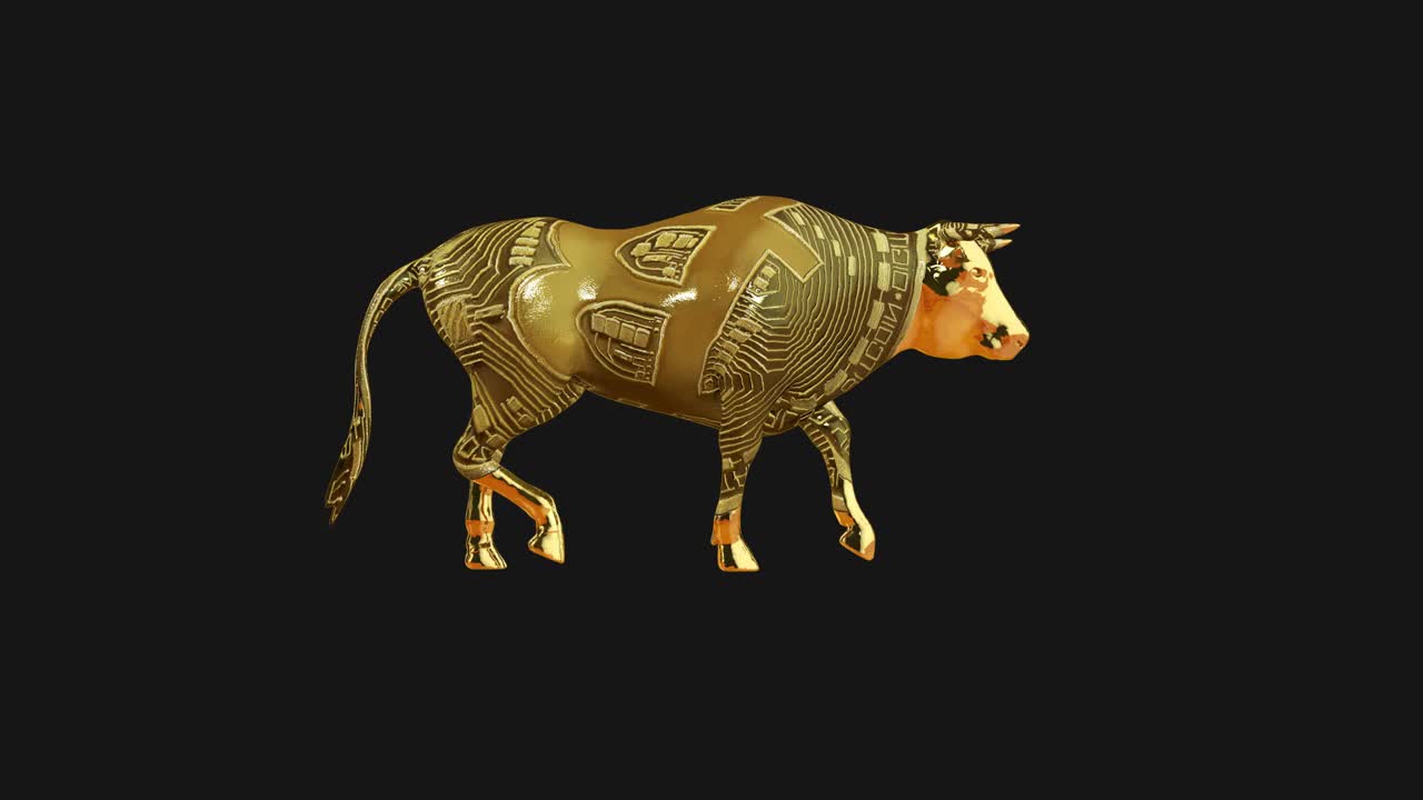 3D行走公牛象征着Bullrun加密市场，循环，阿尔法通道视频下载