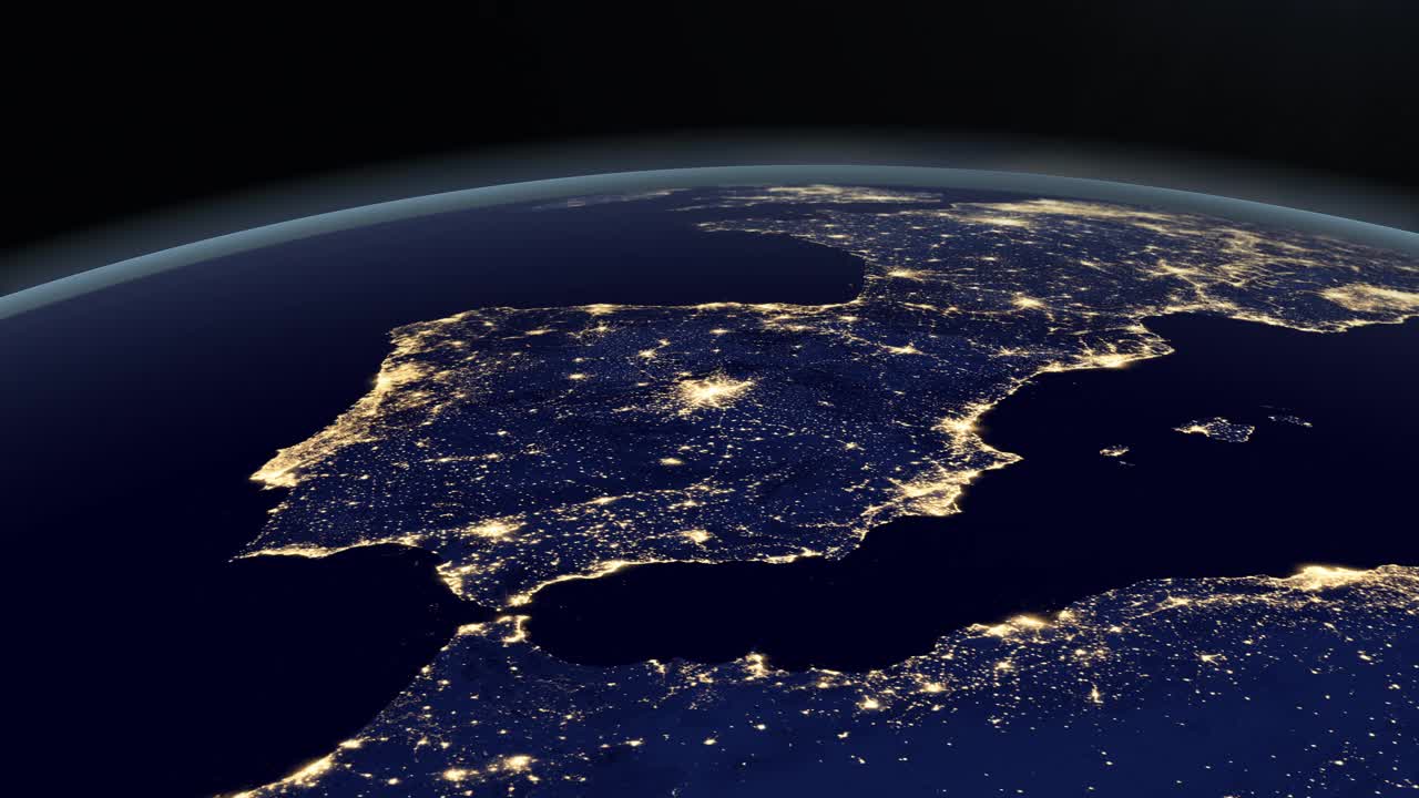 伊比利亚半岛，西班牙和葡萄牙，在地球行星的夜晚视频素材