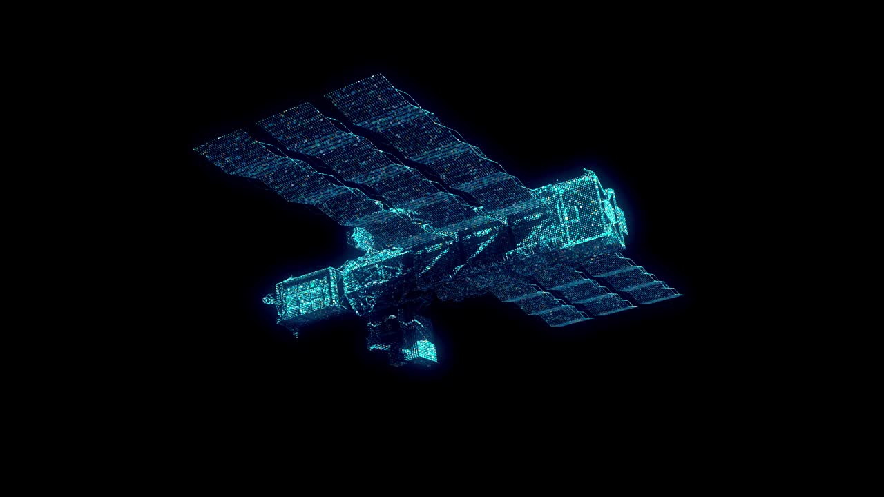 一个数字三维模型的卫星可视化使用数字粒子和点。数字卫星模板是理想的创建一个未来的hud控制面板或仪表盘。视频下载