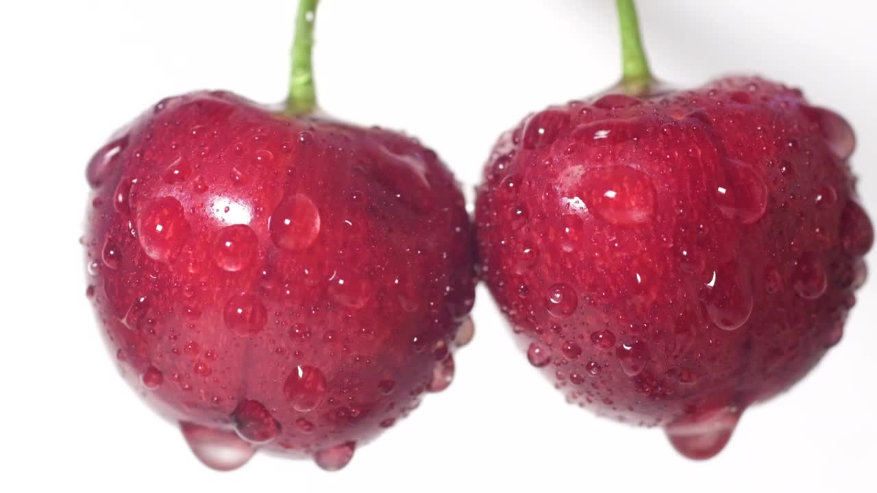 白色背景上的两个红樱桃。视频下载