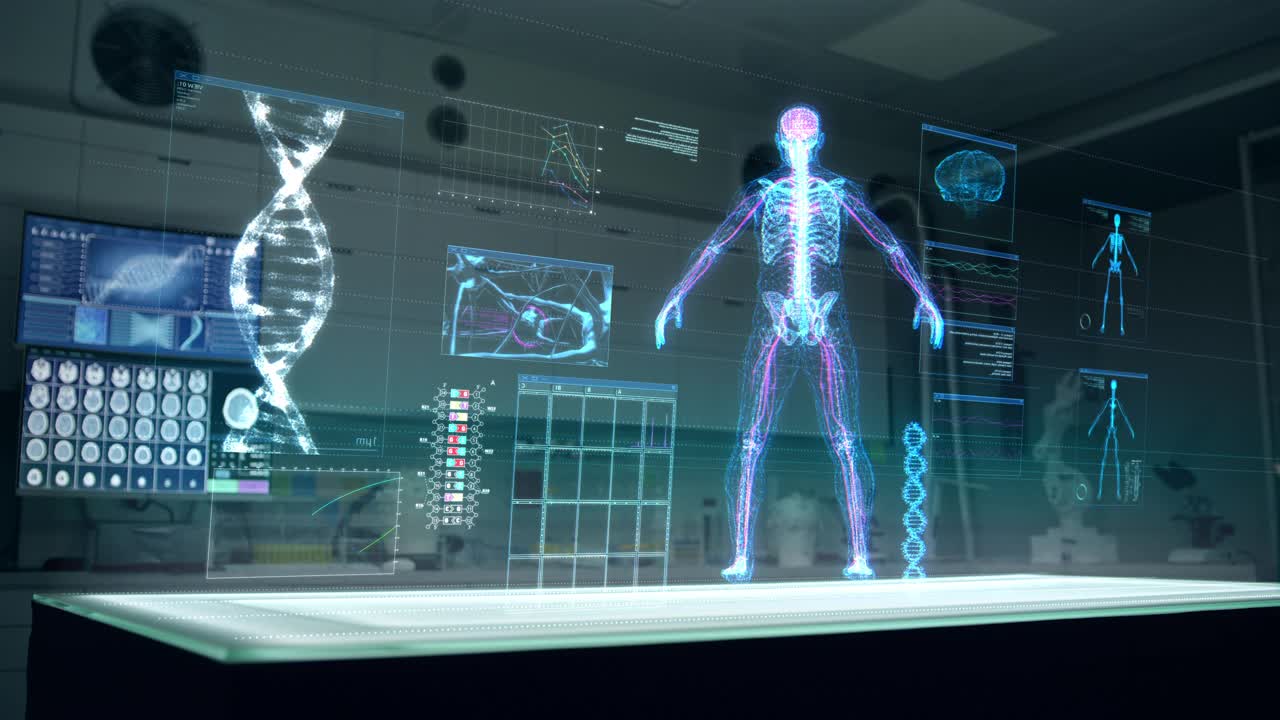 未来实验室。全息，三维骨架和DNA螺旋。扫描虚拟病人的损伤视频下载