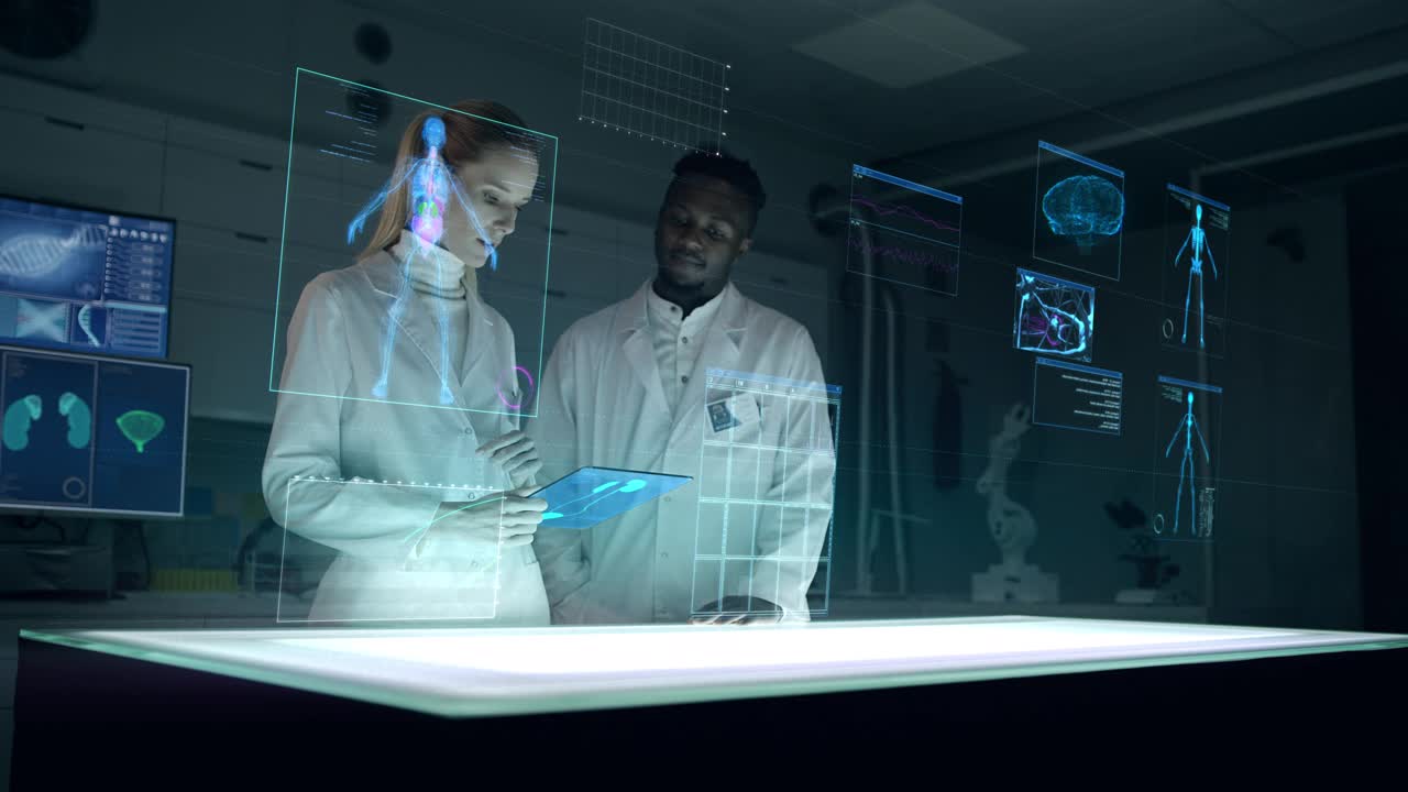 未来实验室与不同的科学家。全息，三维肾脏模型。团队扫描虚拟病人的受伤情况。视频素材