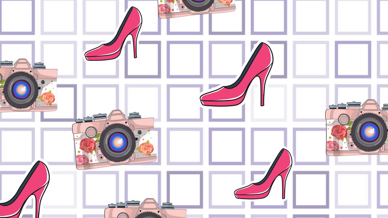 动画的高跟鞋和照相机重复在白色的背景视频素材