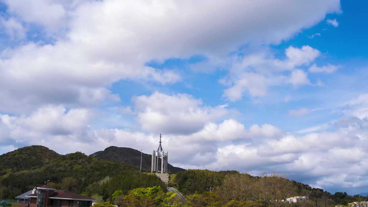 釜山中区中央公园木槿花地里的清风塔视频素材