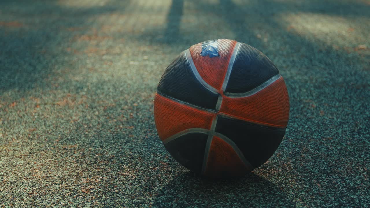 近距离拍摄，以篮球场上躺在地上为焦点。男性捡起球，然后走开视频下载