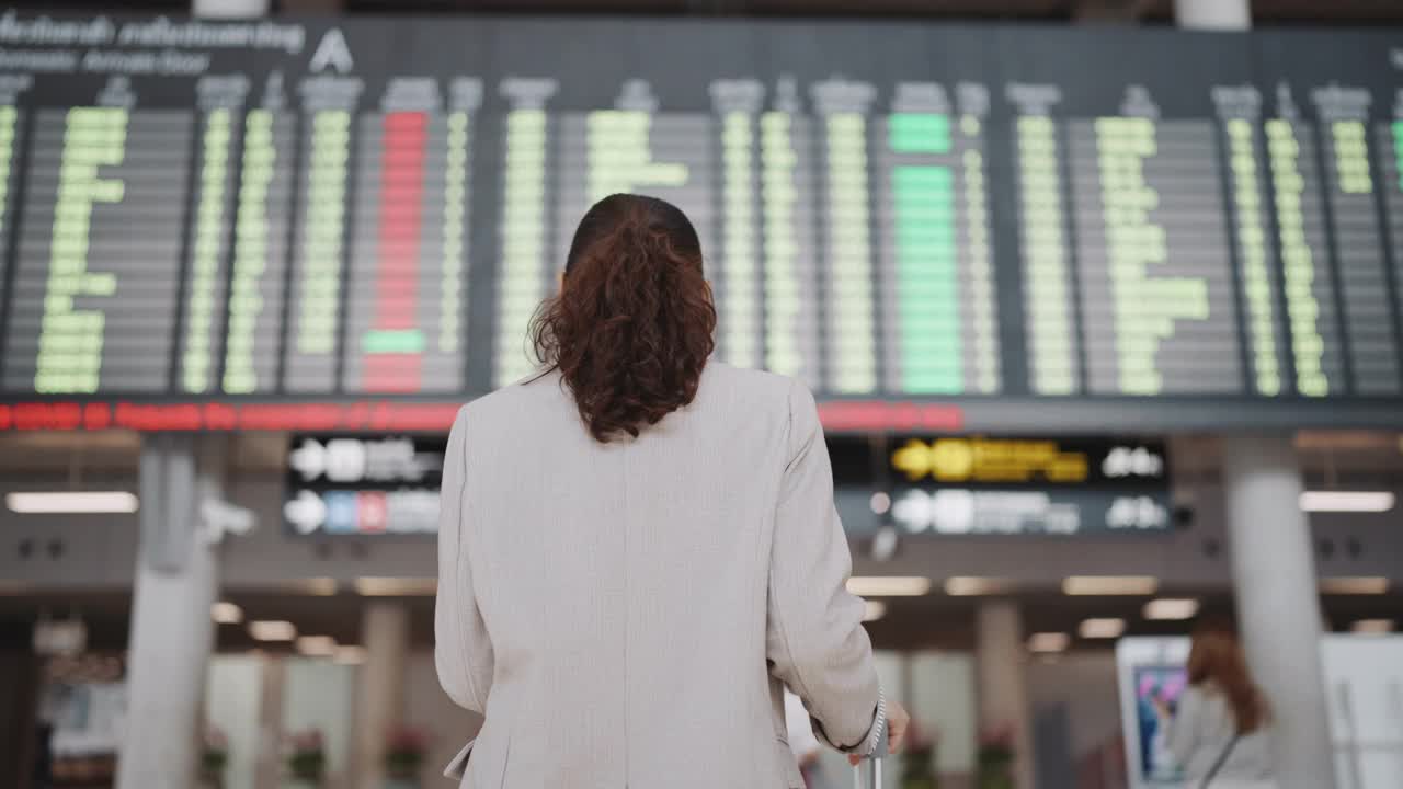 亚洲女人看机场起飞牌视频素材