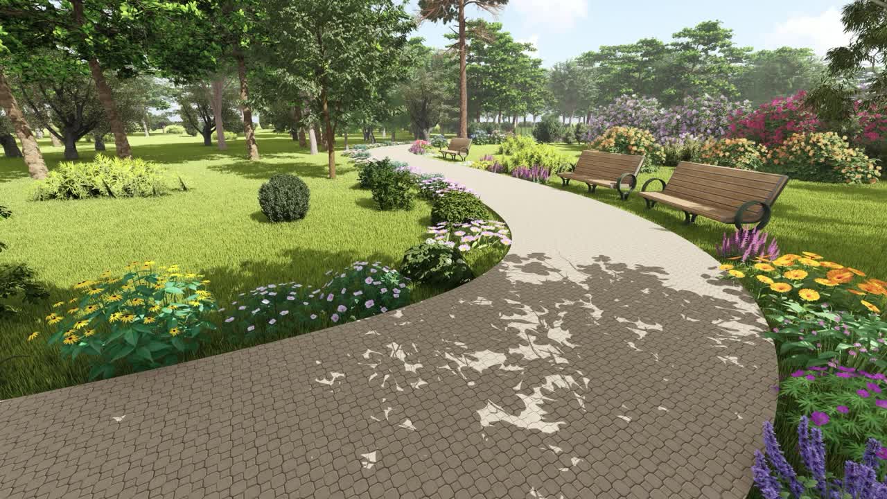 小巷在一个公共花园，有花和长椅的两侧视频下载