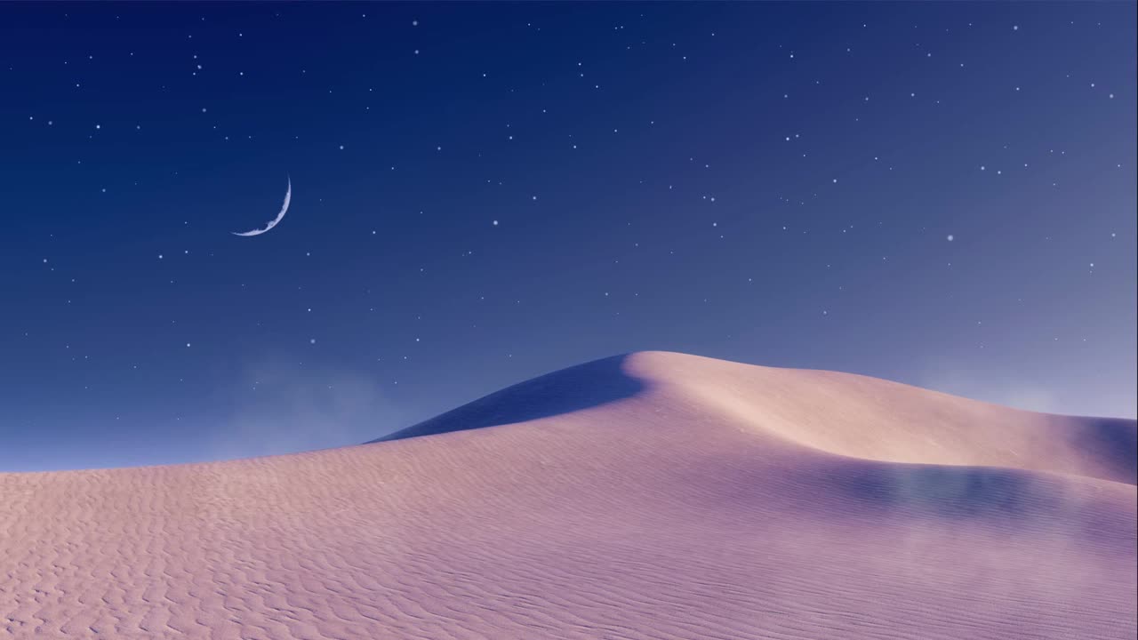 沙漠景观与半月和星星在夜空3D动画视频素材