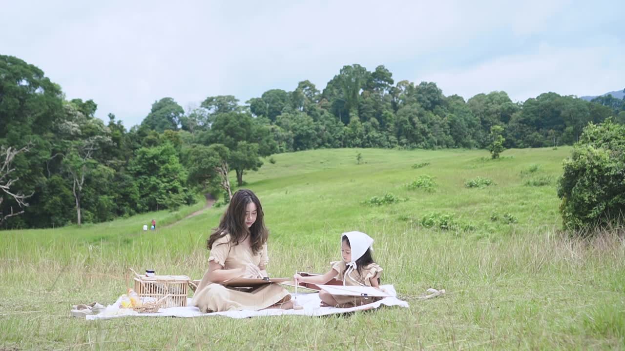美丽的年轻母亲和她的小女儿在野餐的乐趣。视频下载