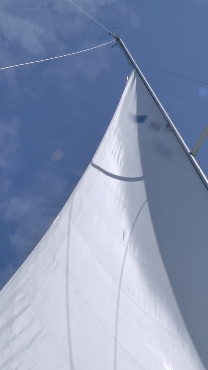 在蓝天下，大型游艇的帆和帆桅在风中飘扬视频下载