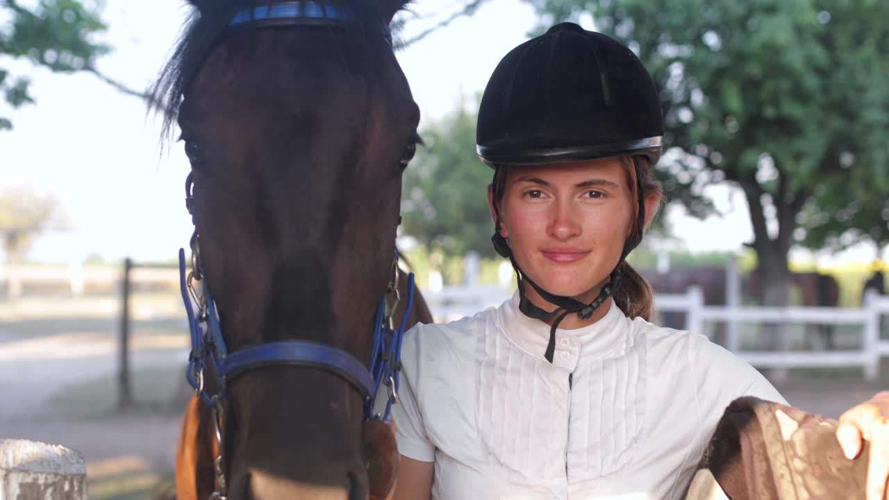 一个年轻的女骑师的肖像。视频下载