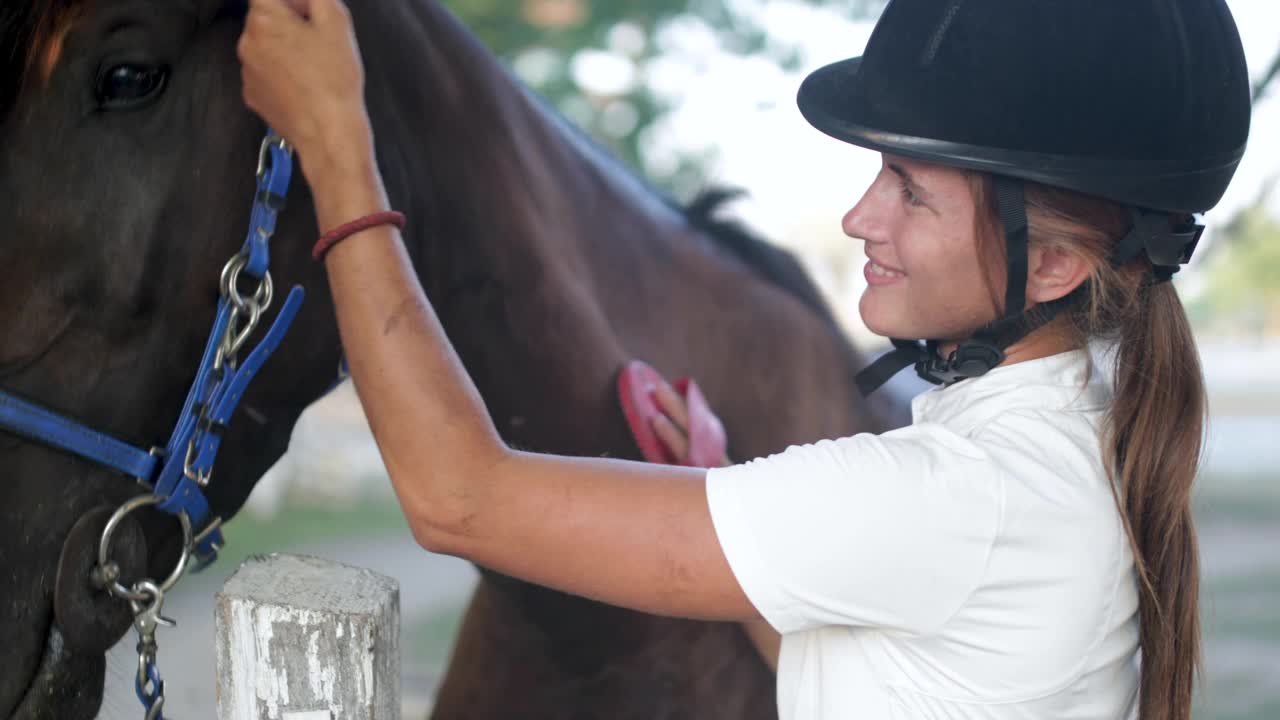 穿着骑马装备的漂亮年轻女子抚摸着她的马视频下载