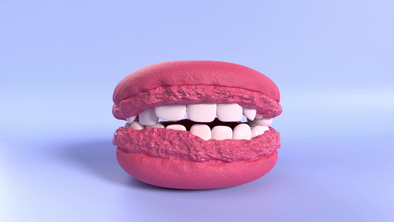 红色马卡龙在嘴唇形状咬自己在一个有吸引力的方式对抗紫色背景在4K分辨率视频下载