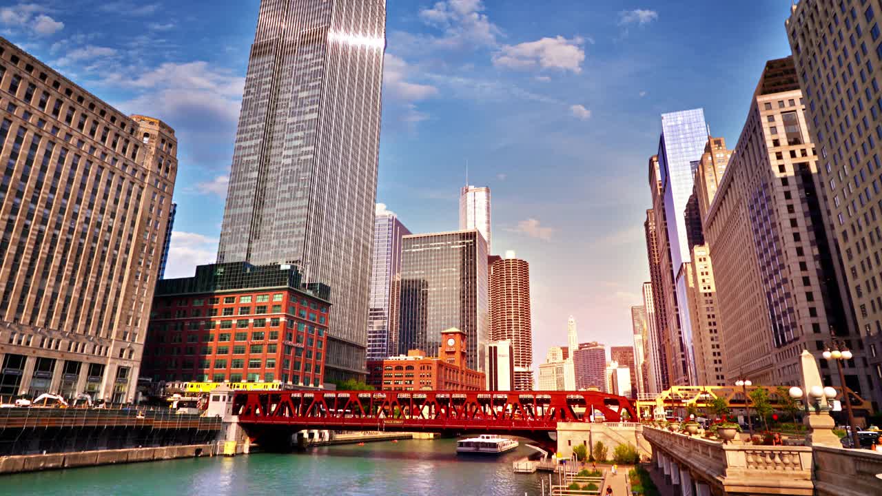 芝加哥金融区。河。办公大楼。视频素材