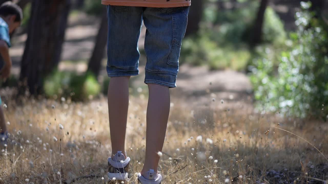 孩子们穿着登山鞋在山上或森林里徒步旅行。视频下载