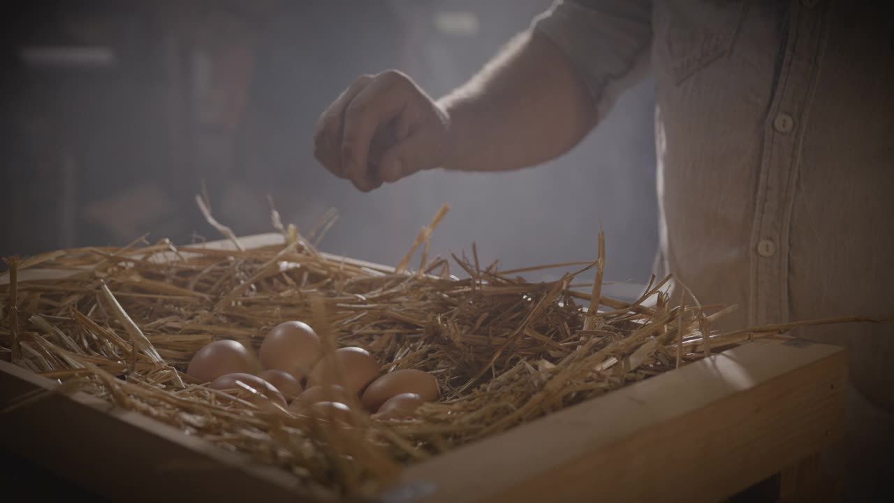 一位农民正在检查放在板条箱干草上的鸡蛋视频素材