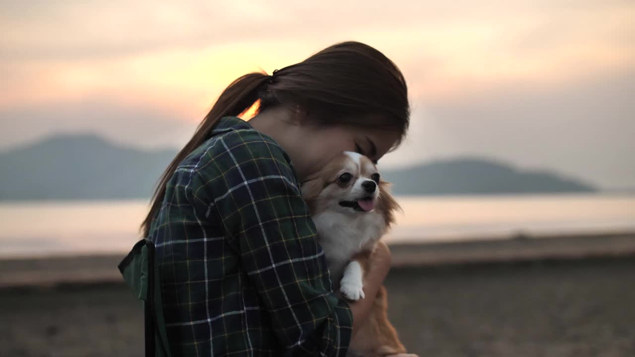 快乐的年轻女子与宠物狗玩视频下载