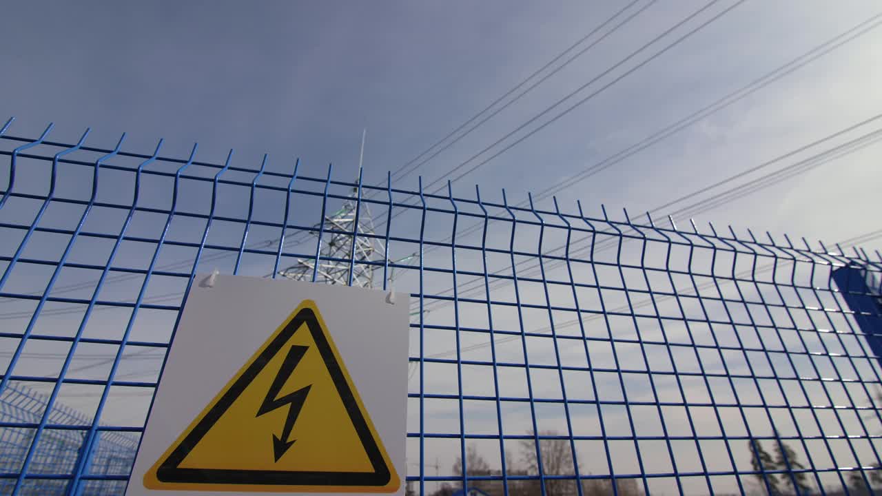 变电站围栏上有高压警告标志视频下载