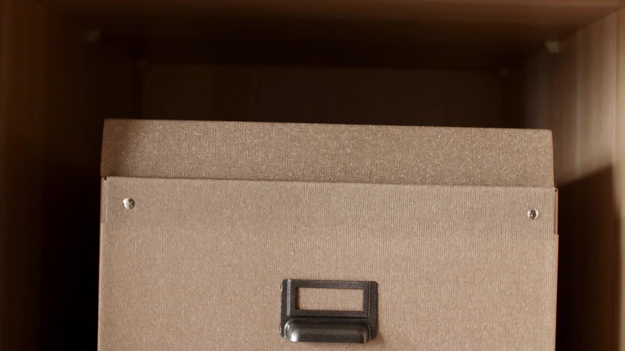 可爱的姜小猫在一个纸板箱。好奇有趣的条纹红猫躲在盒子里视频下载