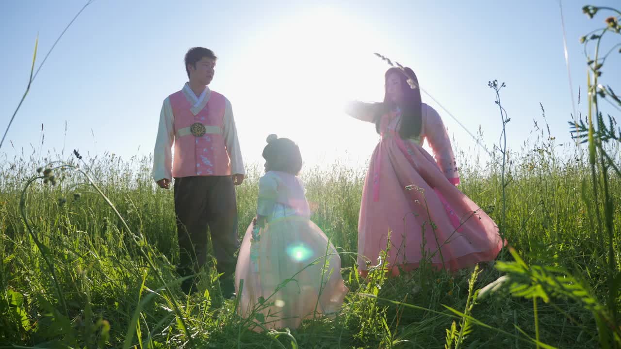 日落时分，一家韩国人带着女儿在草地上跳舞视频下载
