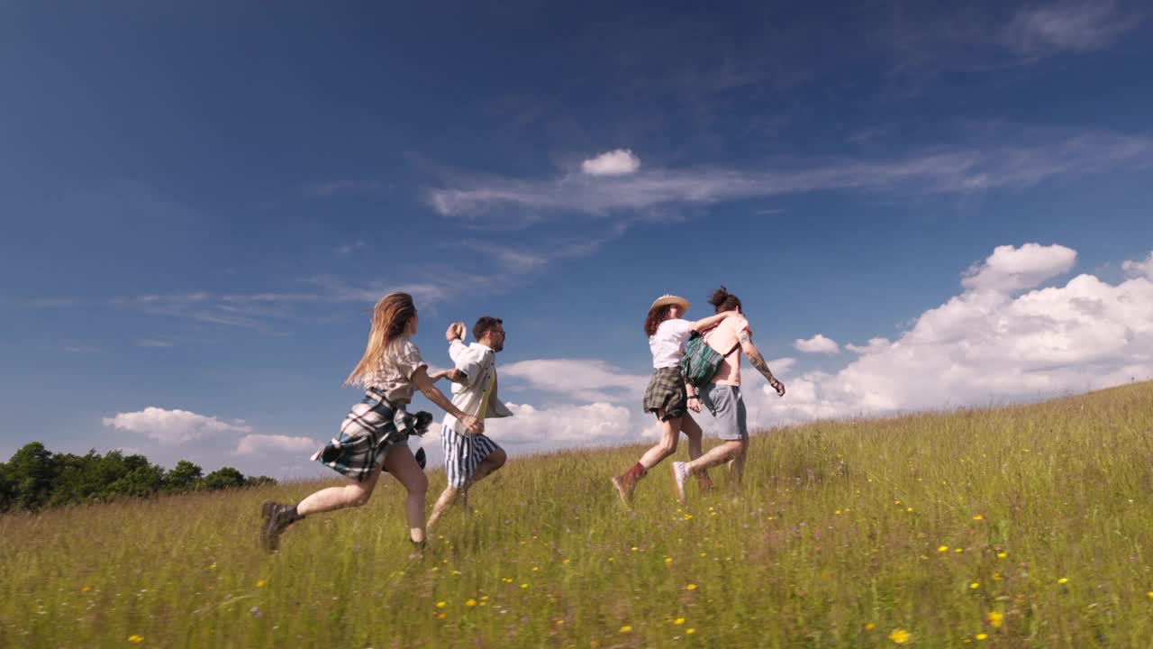 一群在草地上一起玩乐的快乐的朋友。视频素材