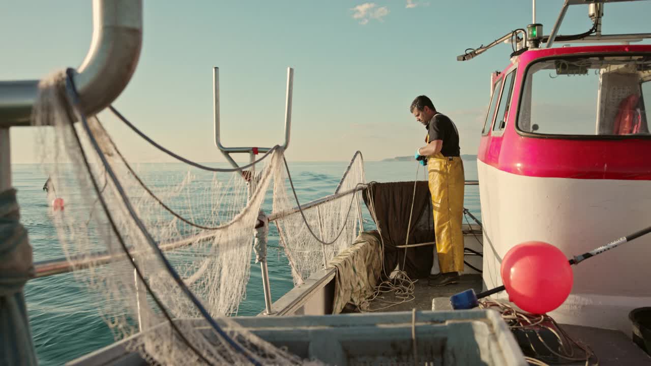 渔民将拖网放入水中视频下载