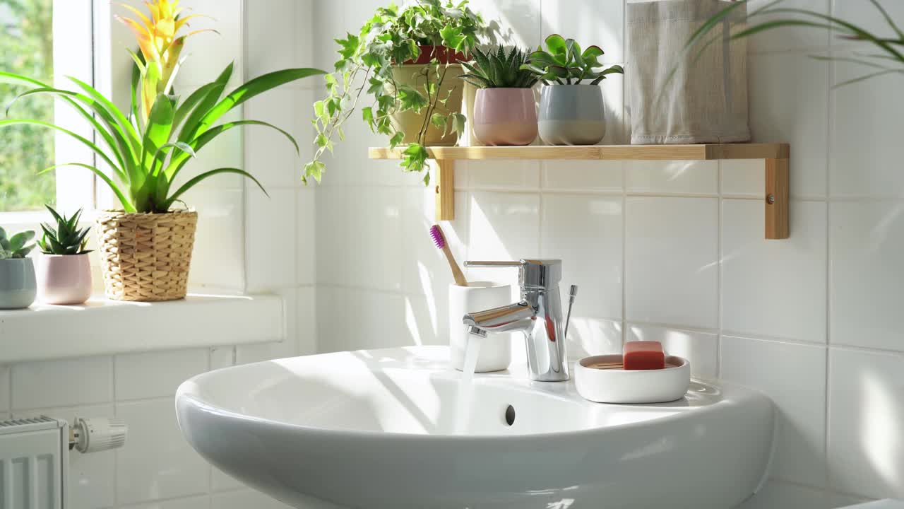 白色现代浴室，环保风格，许多绿色植物视频下载