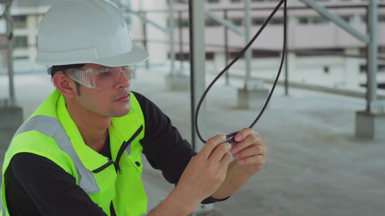 电工戴着安全帽连接太阳能电池板的电线。视频下载