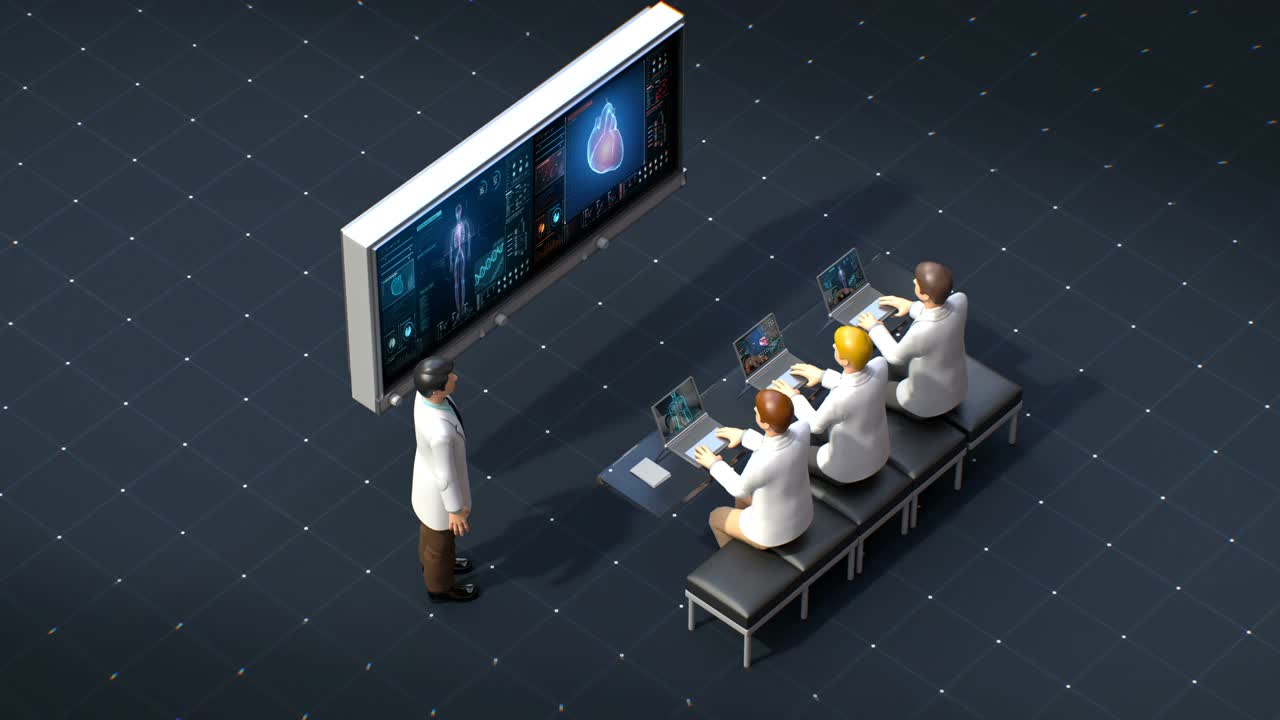 远程医学，医学分析研究会议，医生在用户界面上矢量说明，未来医学技术。4 k动画。视频素材
