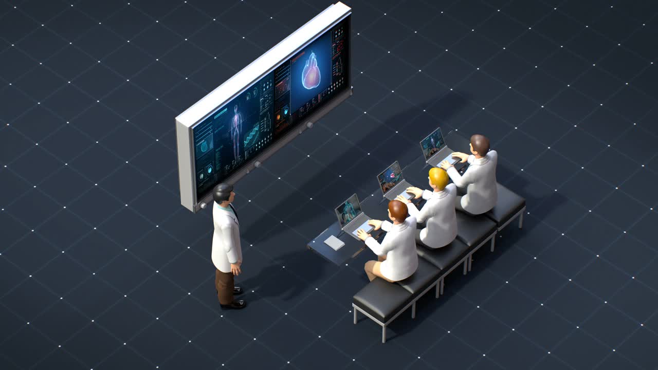 远程、远程医学，医学分析研究会议载体说明医生。未来的医疗技术。4 k动画。视频素材