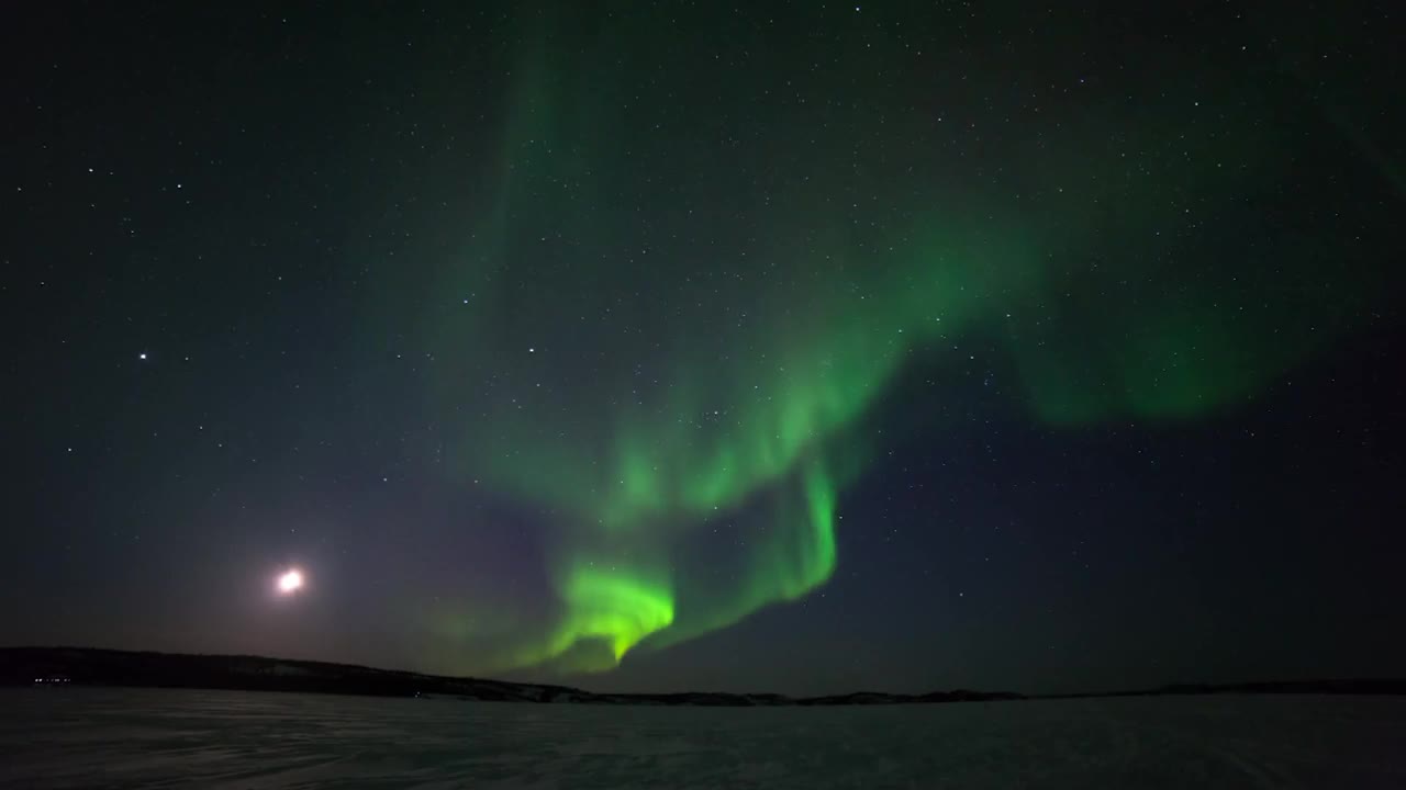 在加拿大不列颠哥伦比亚省的雪地上拍摄的绿色北极光视频下载