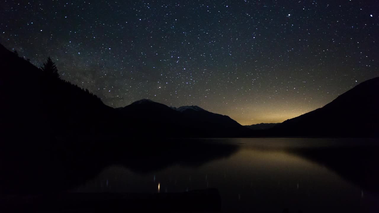 加拿大不列颠哥伦比亚省，冬季白雪皑皑的山脉从夜晚到白天的湖面延时锁定拍摄视频素材