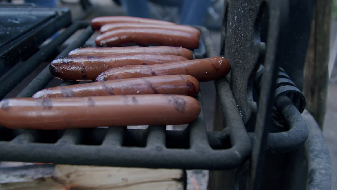 在森林露营时，在火坑烤架上烤着美味的烧焦热狗视频素材