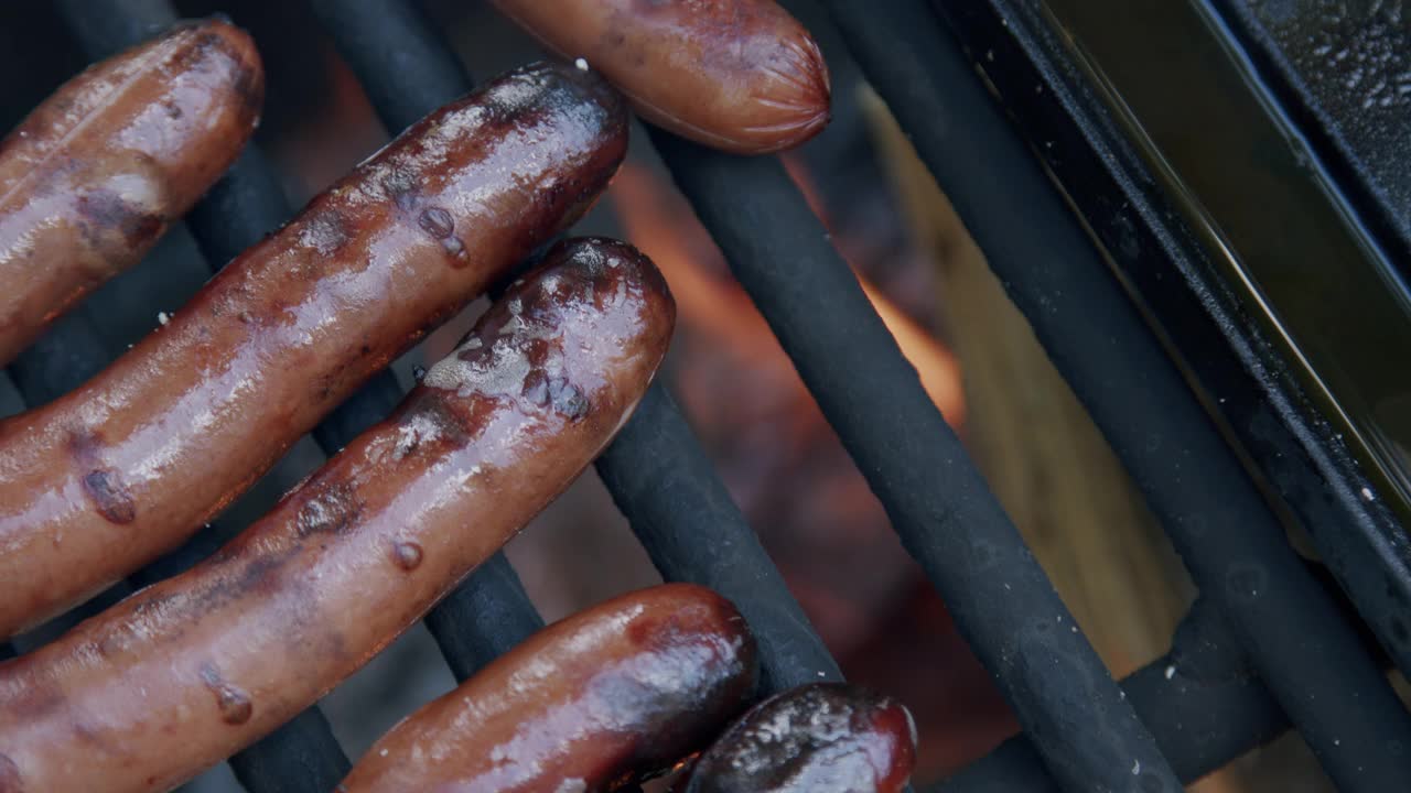 在森林露营时，在火坑烧烤架上烤着美味的烧焦热狗视频素材