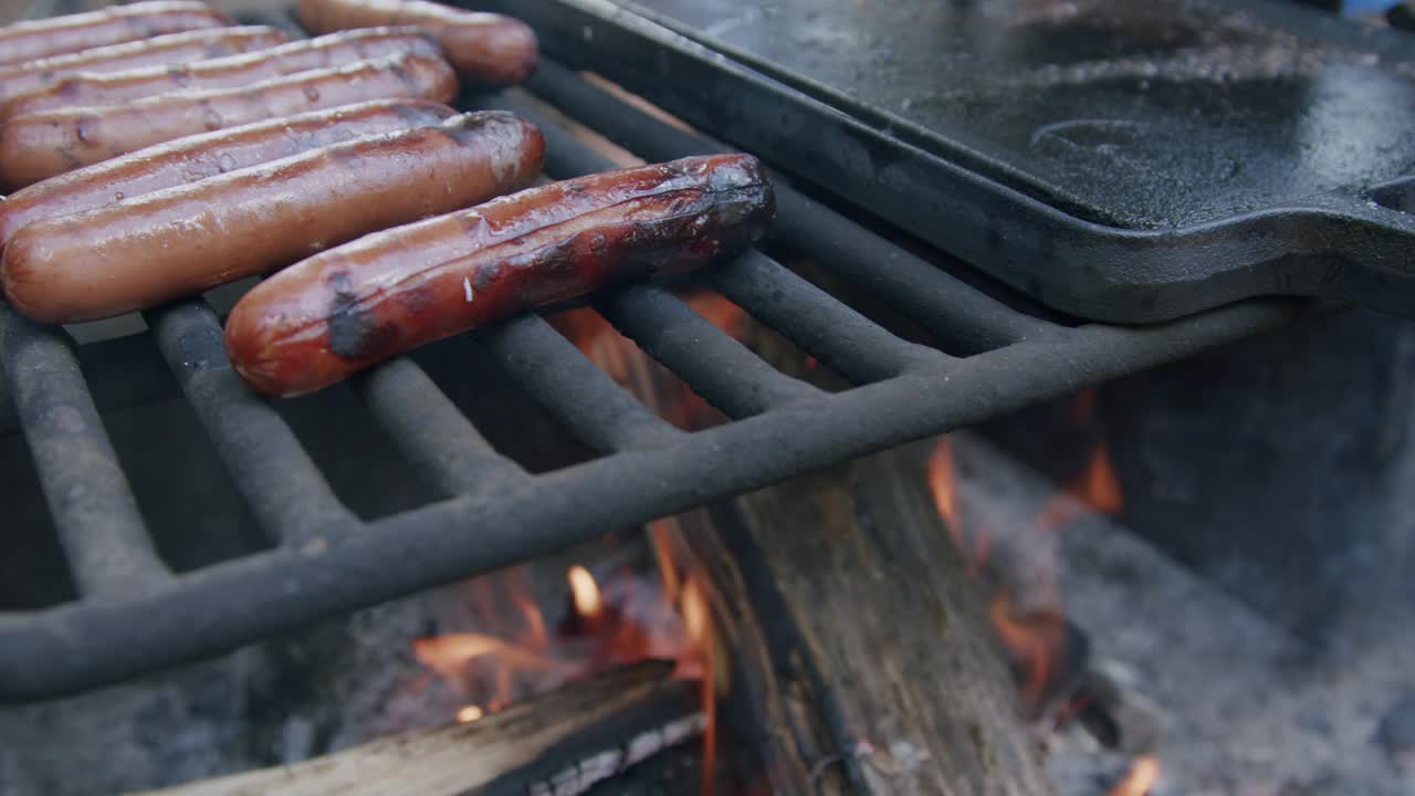 在森林露营时，在火坑烤架上烤着美味的烧焦热狗视频素材