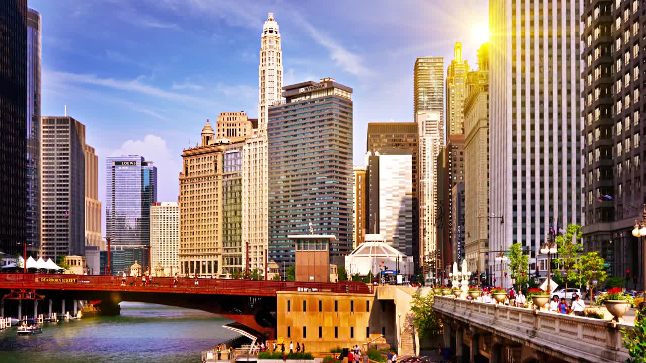 阳光明媚的芝加哥商业中心视频素材