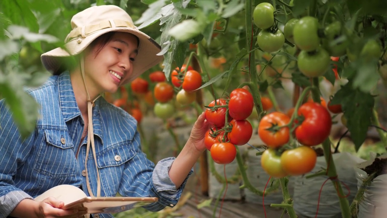 年轻的企业主检查她的生产力在番茄农场视频素材