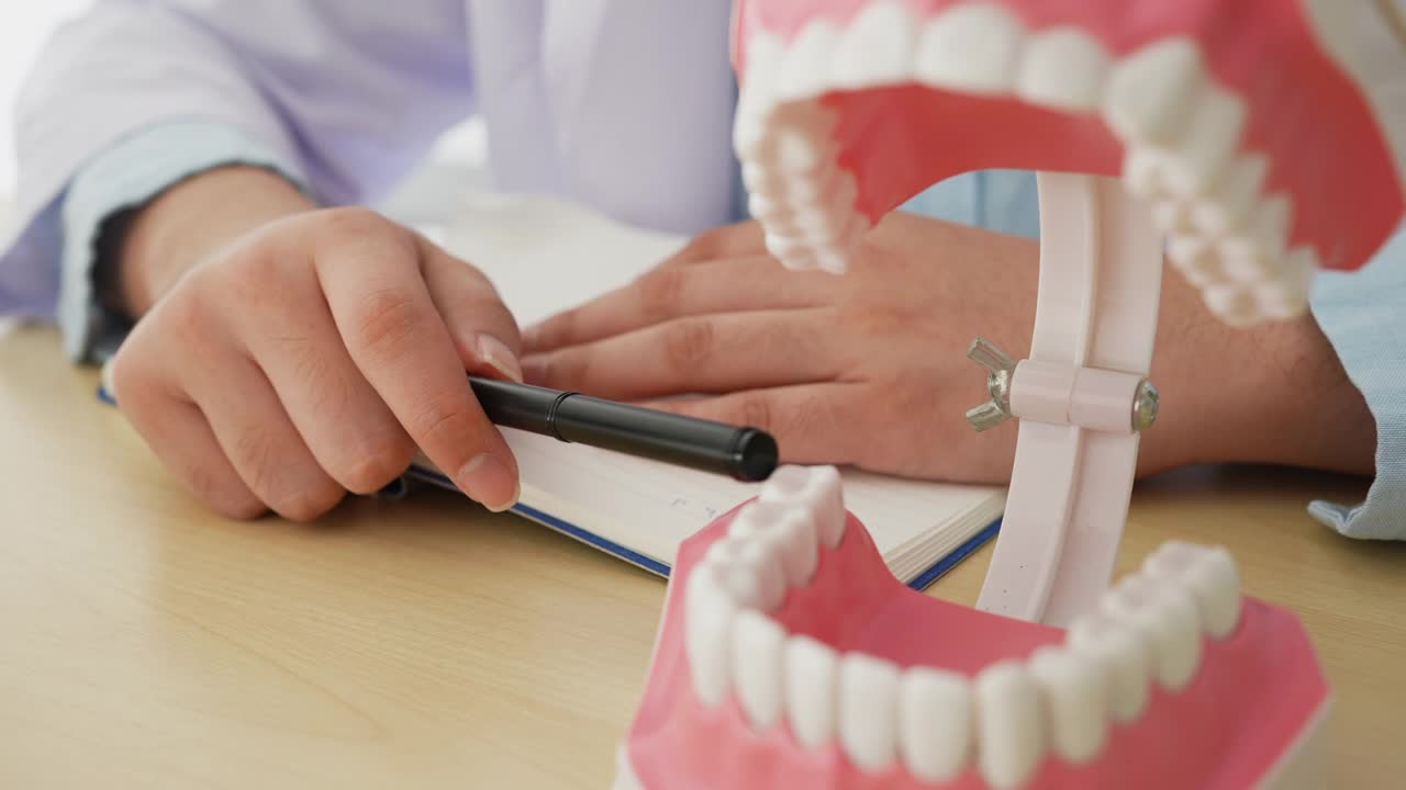牙科医生在牙科模型上用慢镜头向病人讲解和建议在诊所办公室内的牙科卫生概念视频素材