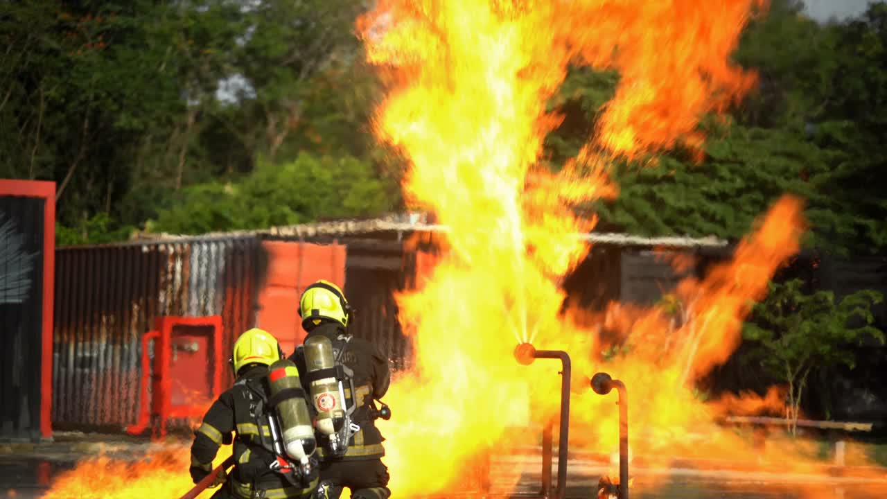 4K消防服消防队员使用消防水龙带灭火视频素材