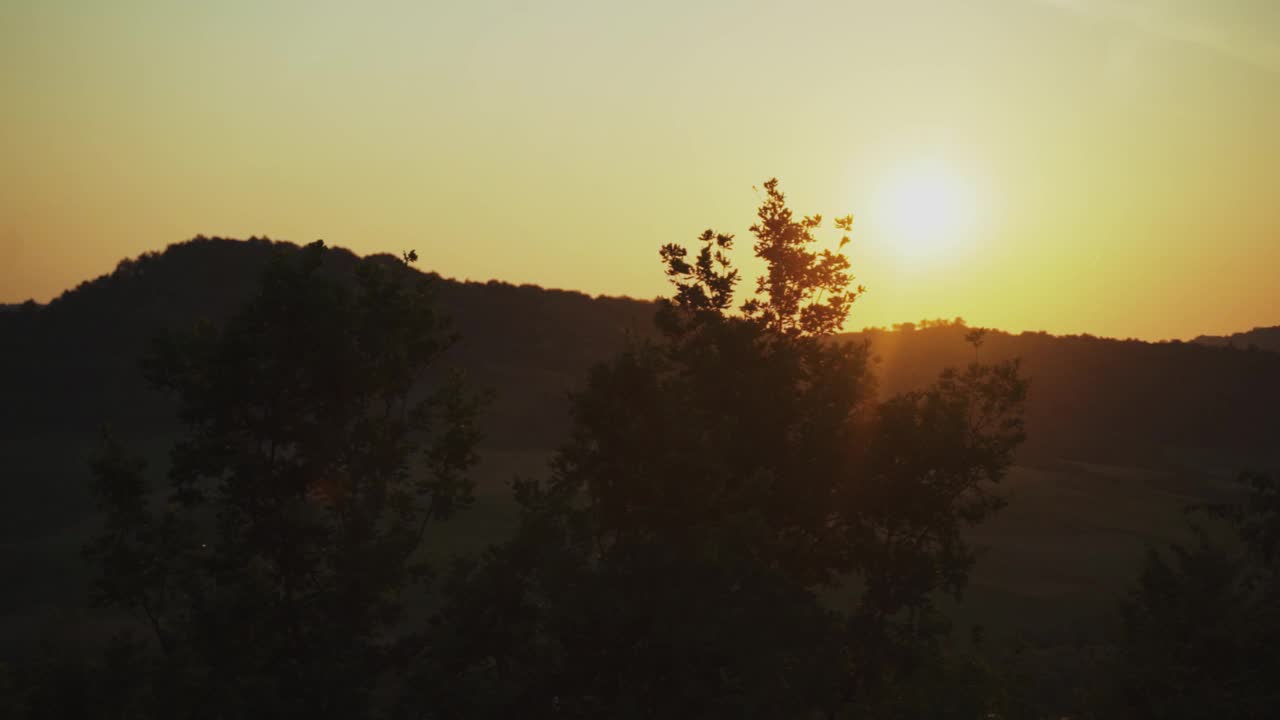 在日落的山景与晴朗的天空聚焦前景上的树木视频下载