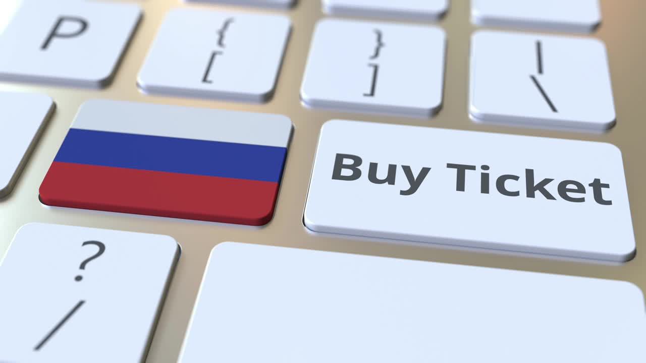 电脑键盘上的按钮上有购买俄罗斯国旗的文字。旅游相关的概念3D动画视频下载