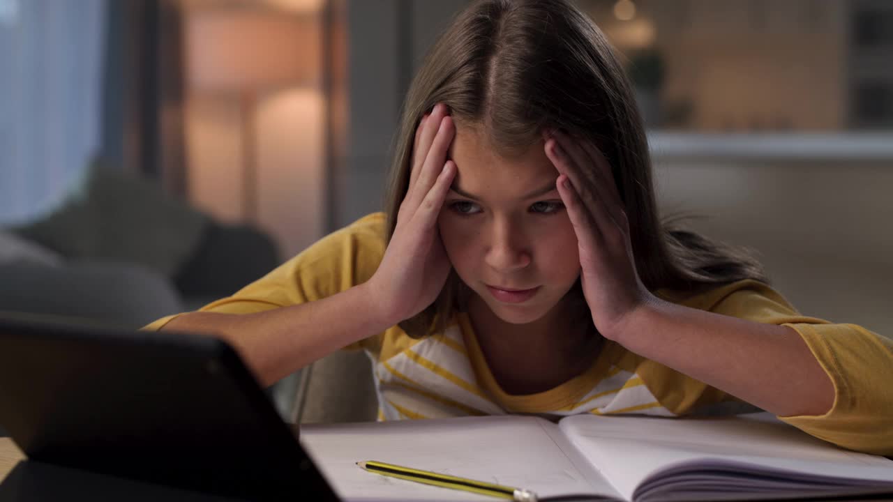 一个小女孩独自坐在家里做作业时感到沮丧的4k视频片段视频下载